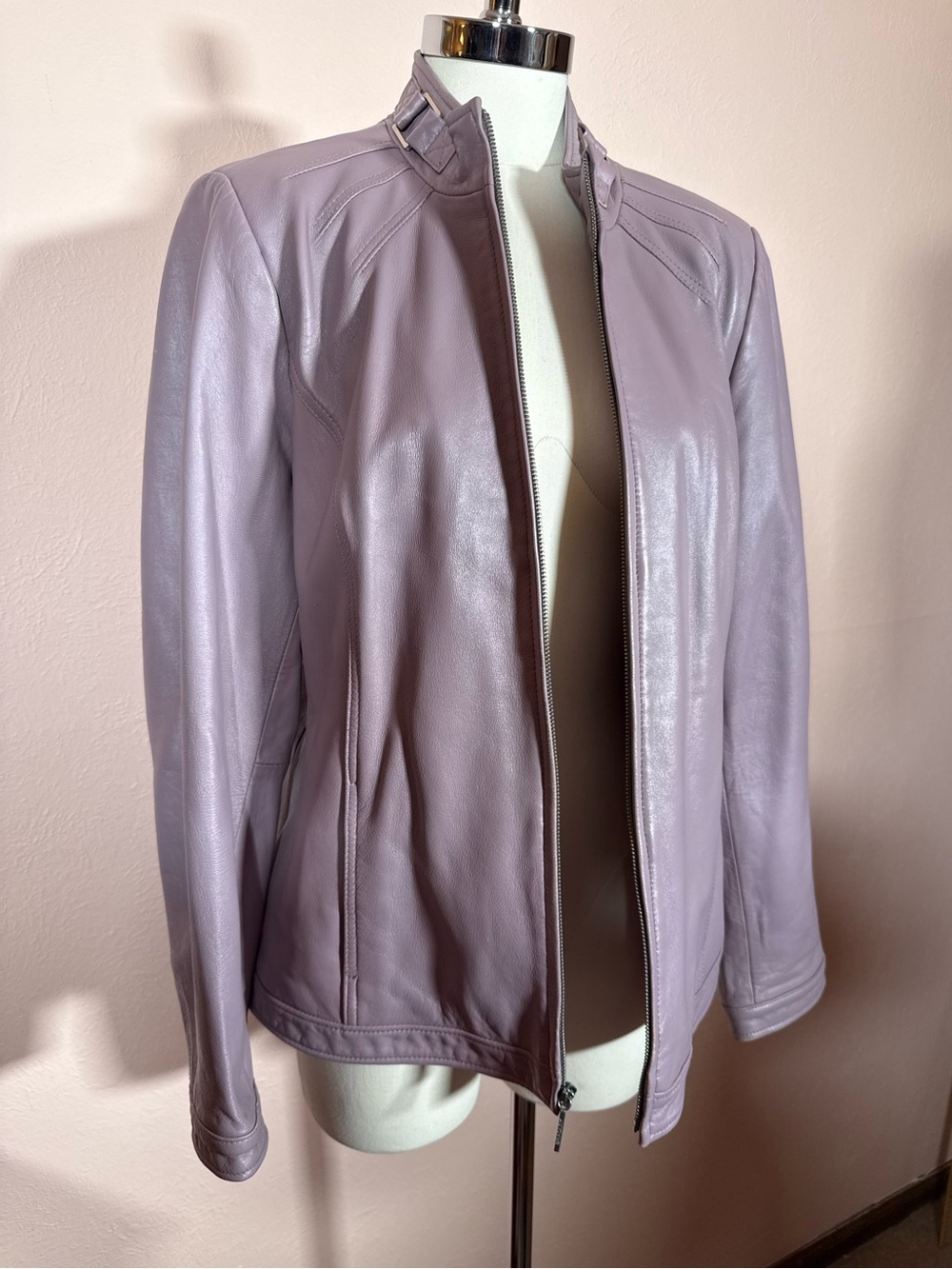 Bradley Bayou lavender leather Bikercore zip front high collar jacket blazer L